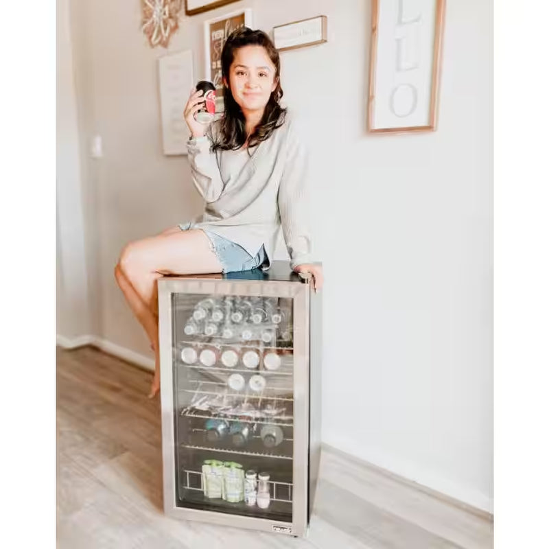 19 In. 126 (12 Oz) Can Freestanding Beverage Cooler Fridge with Adjustable Shelves - Stainless Steel