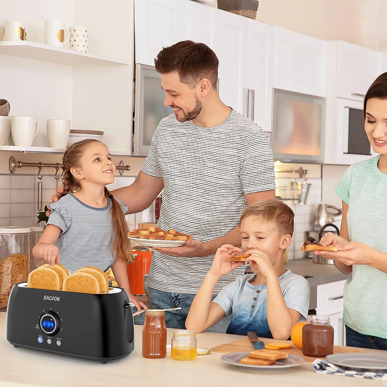 Toaster 4 Slice, Toaster 2 Long Slot,  Retro Black Toasters,Stainless Steel Toaster, Digital Timer,Bagel,Defrost,Reheat,Cancel Function,Removable Crumbs Tray, 6 Shade Settings, 1300W