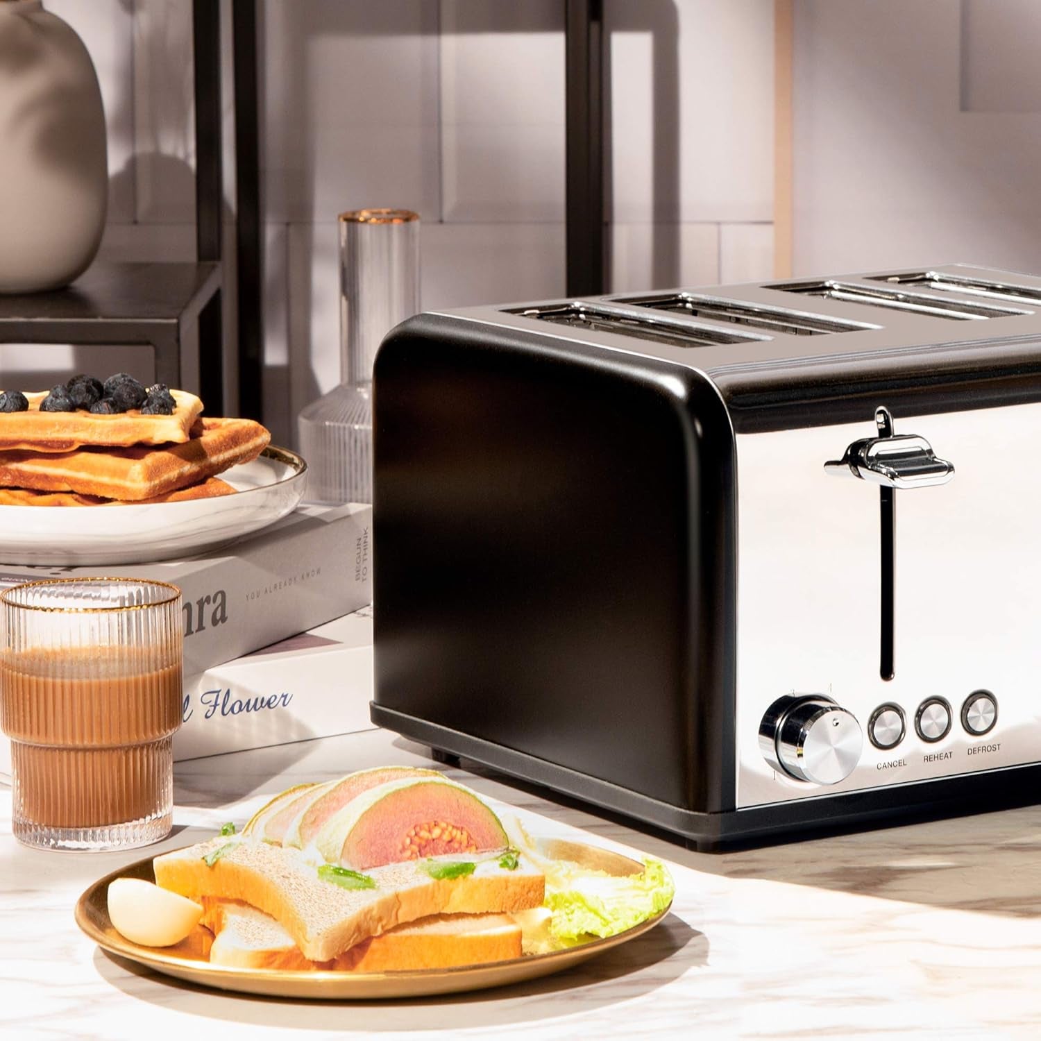 4-Slice Stainless Steel Toaster - Extra Wide Slots, 6 Shade Settings, Bagel & Defrost Functions, 1650W, Sleek Black Design