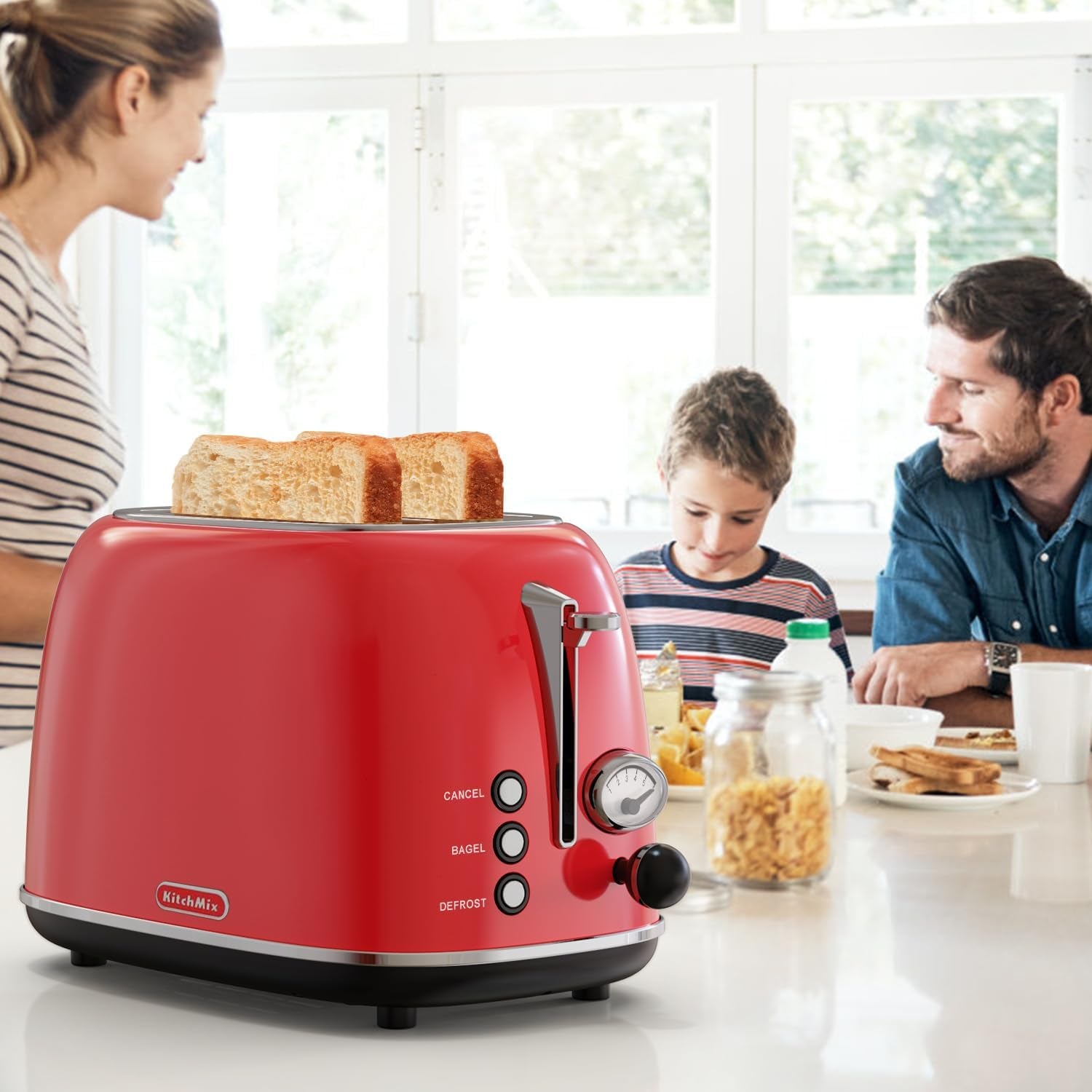Retro Red 2-Slice Stainless Steel Toaster with 6 Settings, Extra Wide Slots, and Removable Crumb Tray
