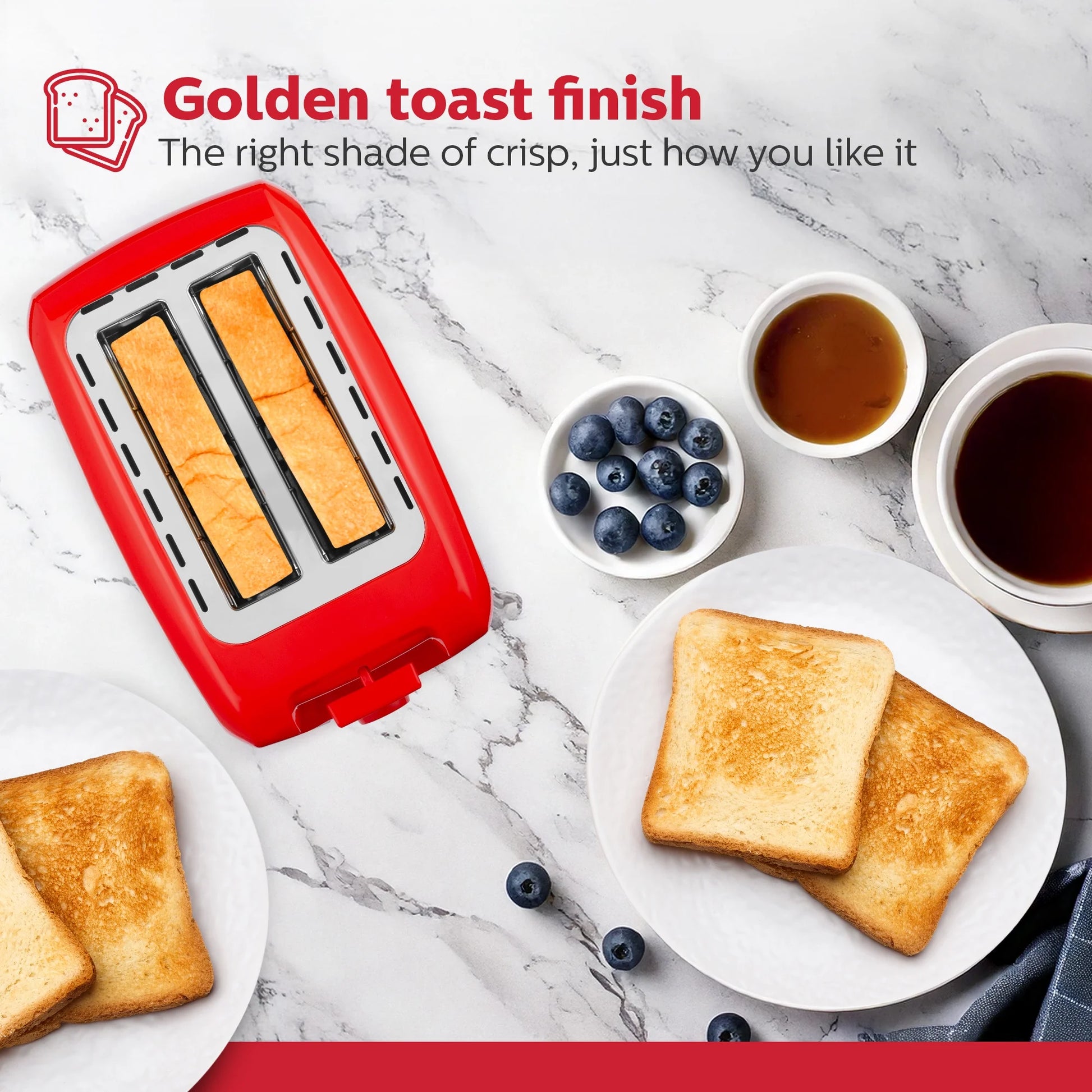 Stylish Red 2-Slice Toaster with Defrost & Reheat Functions