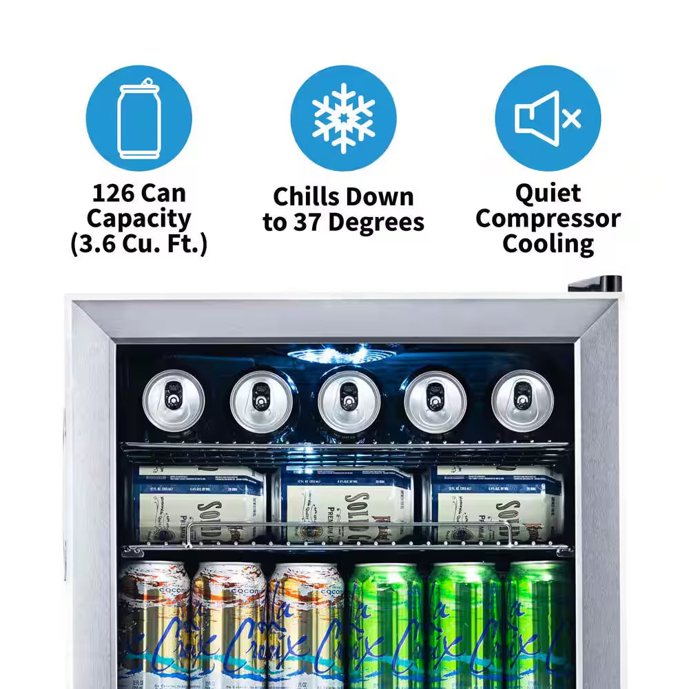 19 In. 126 (12 Oz) Can Freestanding Beverage Cooler Fridge with Adjustable Shelves - Stainless Steel