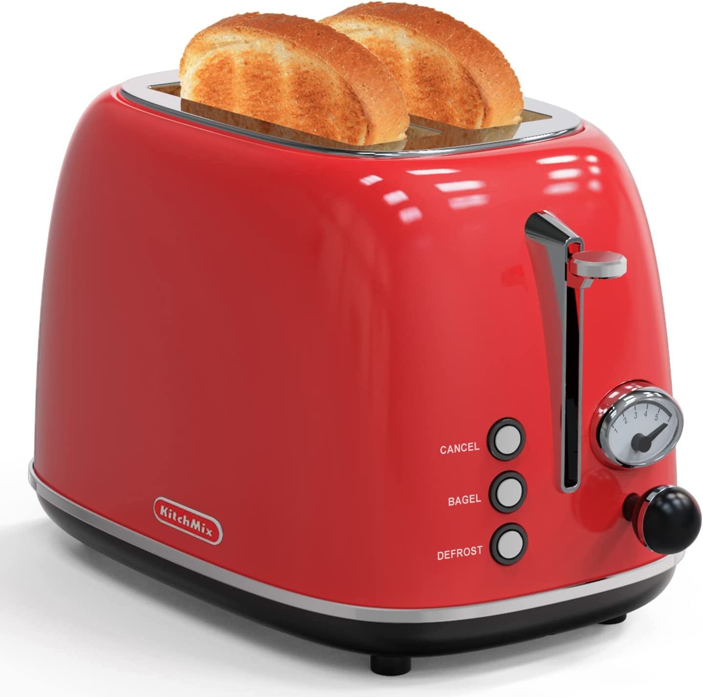 Retro Red 2-Slice Stainless Steel Toaster with 6 Settings, Extra Wide Slots, and Removable Crumb Tray