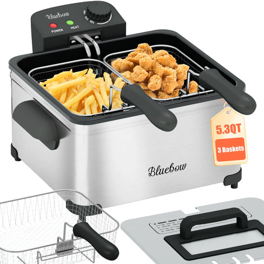 5.3QT Electric Deep Fryer - 1700W Immersion Fryer with 3 Baskets, Adjustable Temperature & Viewing Window Lid, Stainless Steel Design