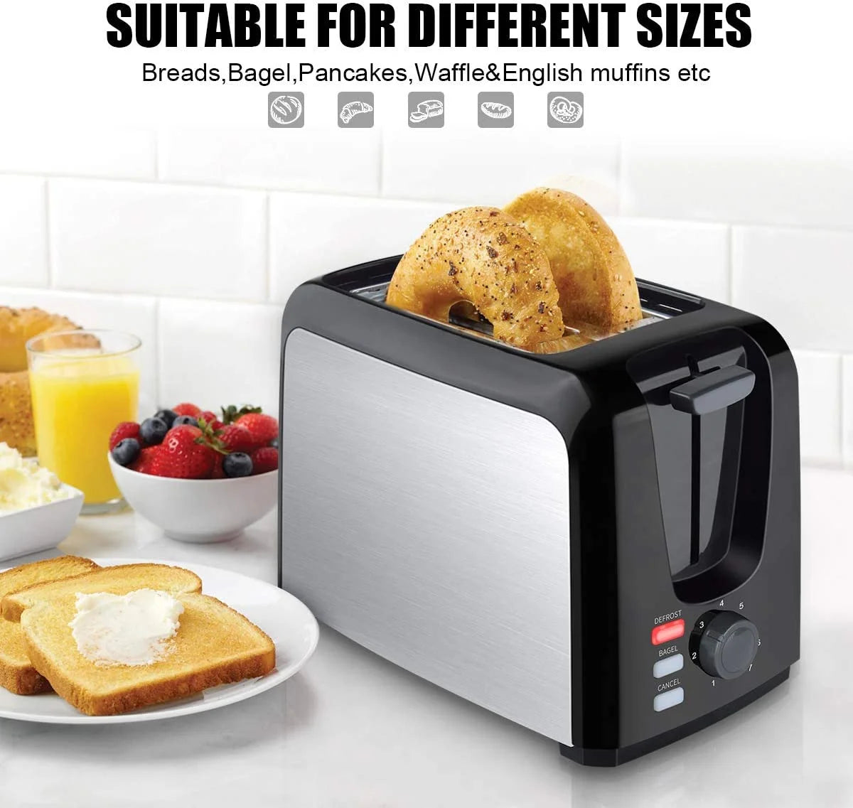 Toaster 2 Slice with 2 Wide Slots 7 Shade Settings and Removable Crumb Tray Black Bread Toaster