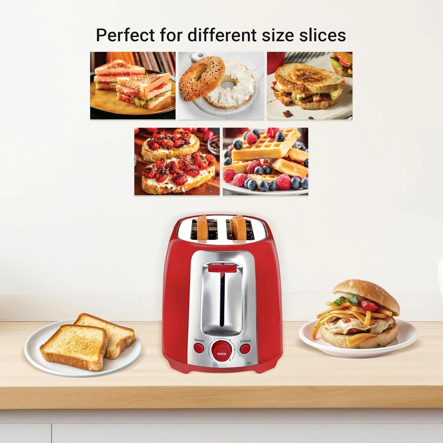 2-Slice Toaster with Wide Slots, 6 Browning Settings, and Crumb Tray, Red