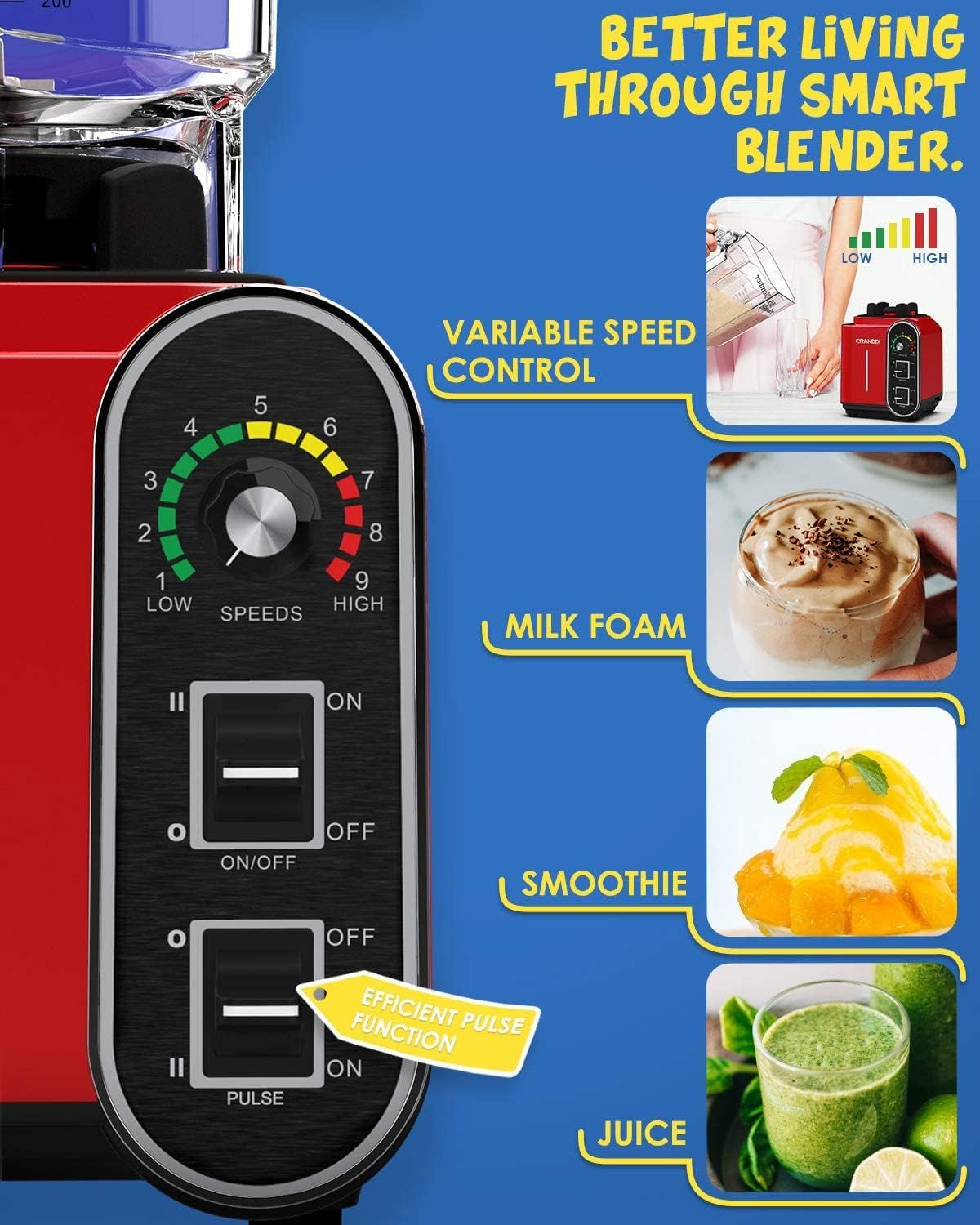 1800W Commercial Smoothie Blender - 52Oz Capacity, Stainless Steel Blade, 9 Speed Settings, Self-Cleaning & Built-In Pulse - K98C Red