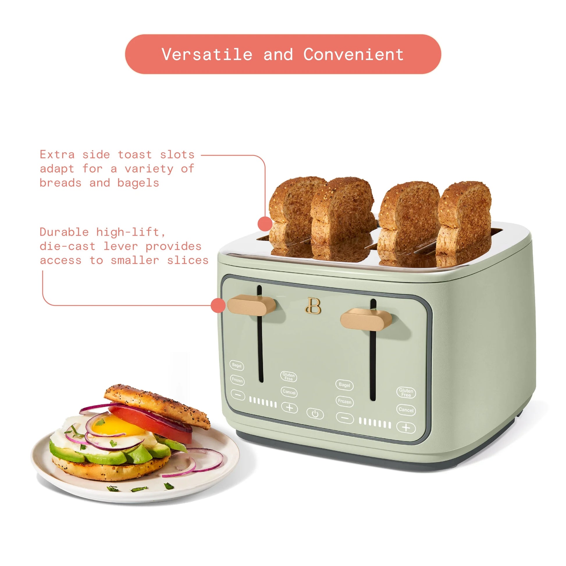 Sleek Sage Green 4-Slice Toaster with Touch-Activated Display by Drew Barrymore