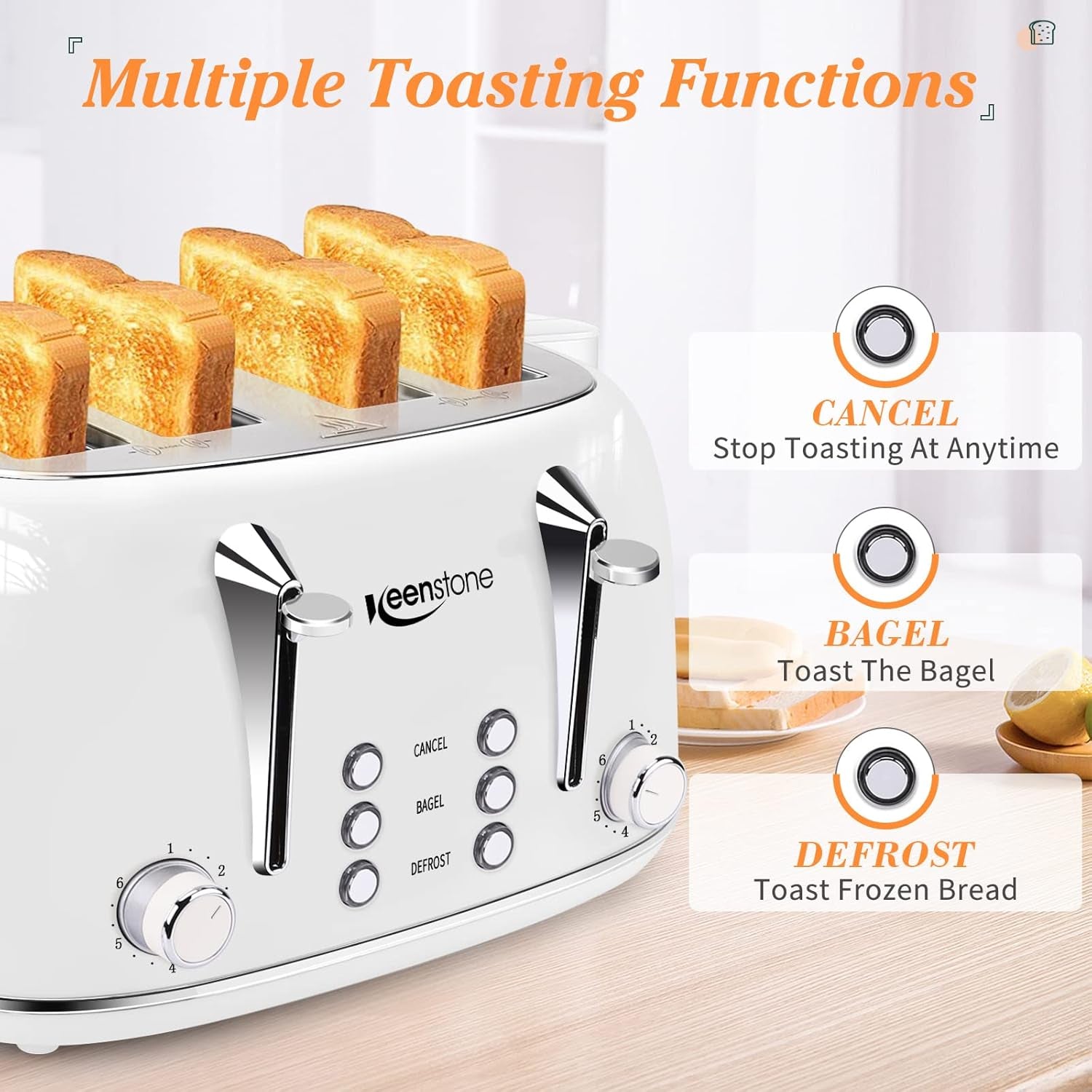 Toaster 4 Slice Stainless Steel Toaster with Bagel, Cancel, Defrost Function,  4 Slice Toaster with Removable Crumb Tray, 4 Extra Wide Slots, 6 Shade Settings, White