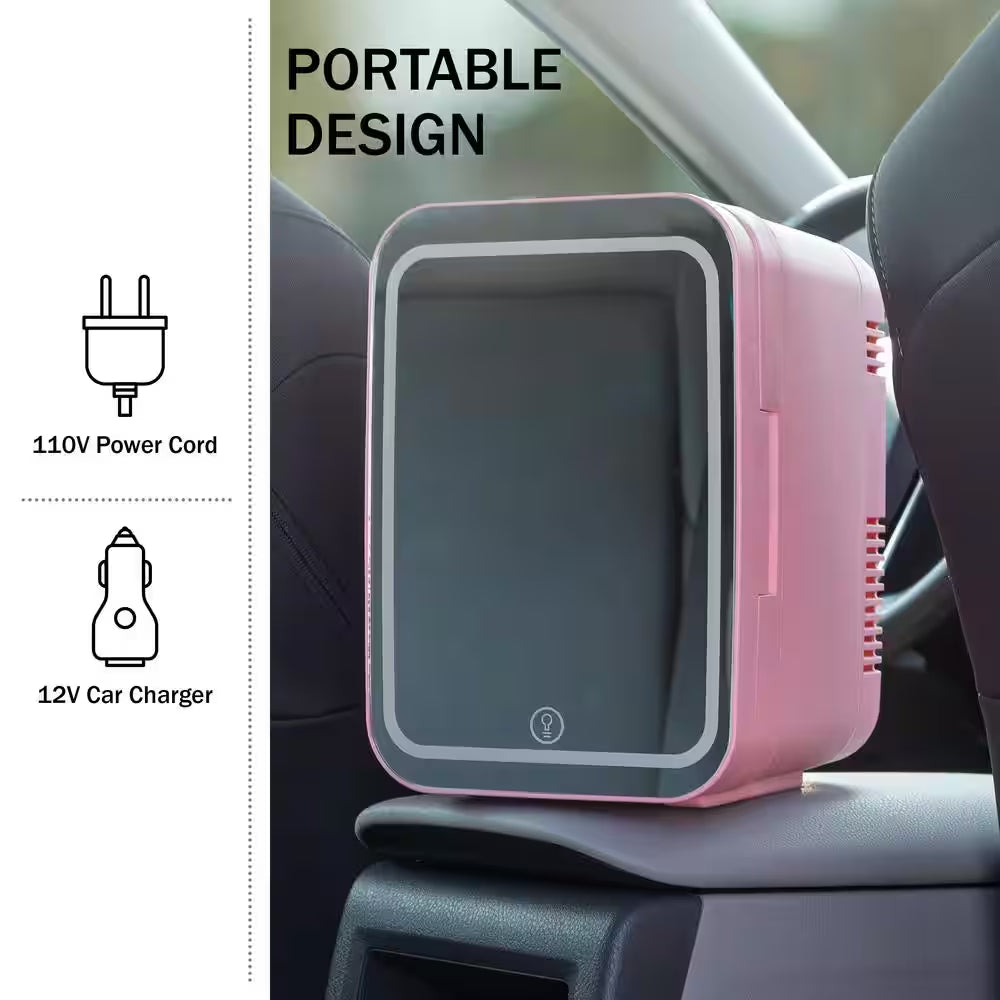 8.75 In. 0.15 Cu. Ft. Portable Beauty Makeup Skincare LED Mirror Mini Refrigerator in Pink