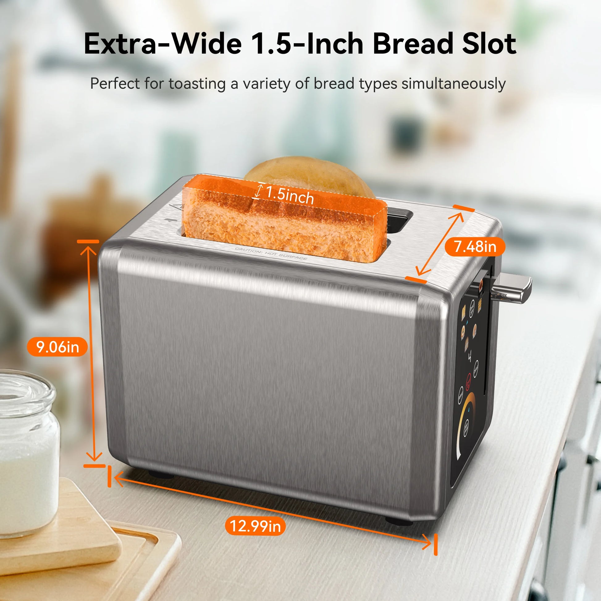 Touchscreen 2-Slice Stainless Steel Toaster with Wide Slots - Perfect for Bagels & Defrosting, 850W Power