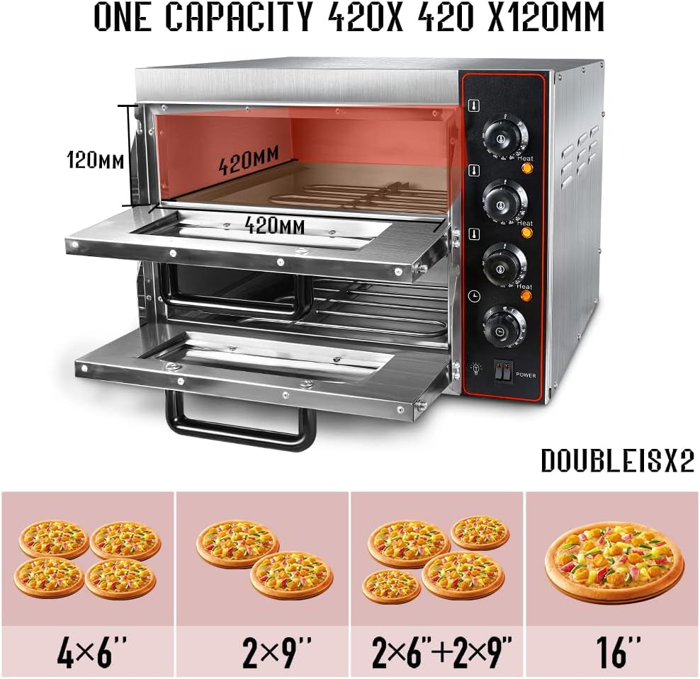 Commercial Pizza Oven Double Oven 1700W 16 Inch Stainless Steel Pizza Electric Countertop Pizza and Snack Oven Multipurpose Indoor Pizza Oven for Restaurant Home Pretzels Roast Yakitori 110V