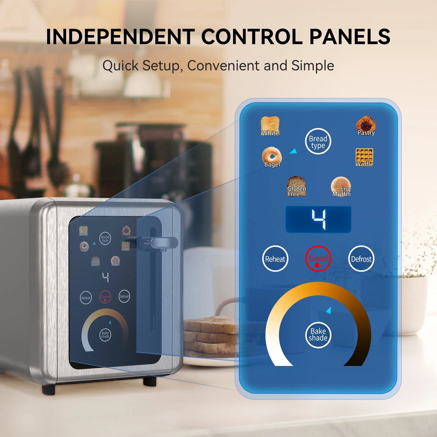 Touchscreen 2-Slice Stainless Steel Toaster with Wide Slots - Perfect for Bagels & Defrosting, 850W Power