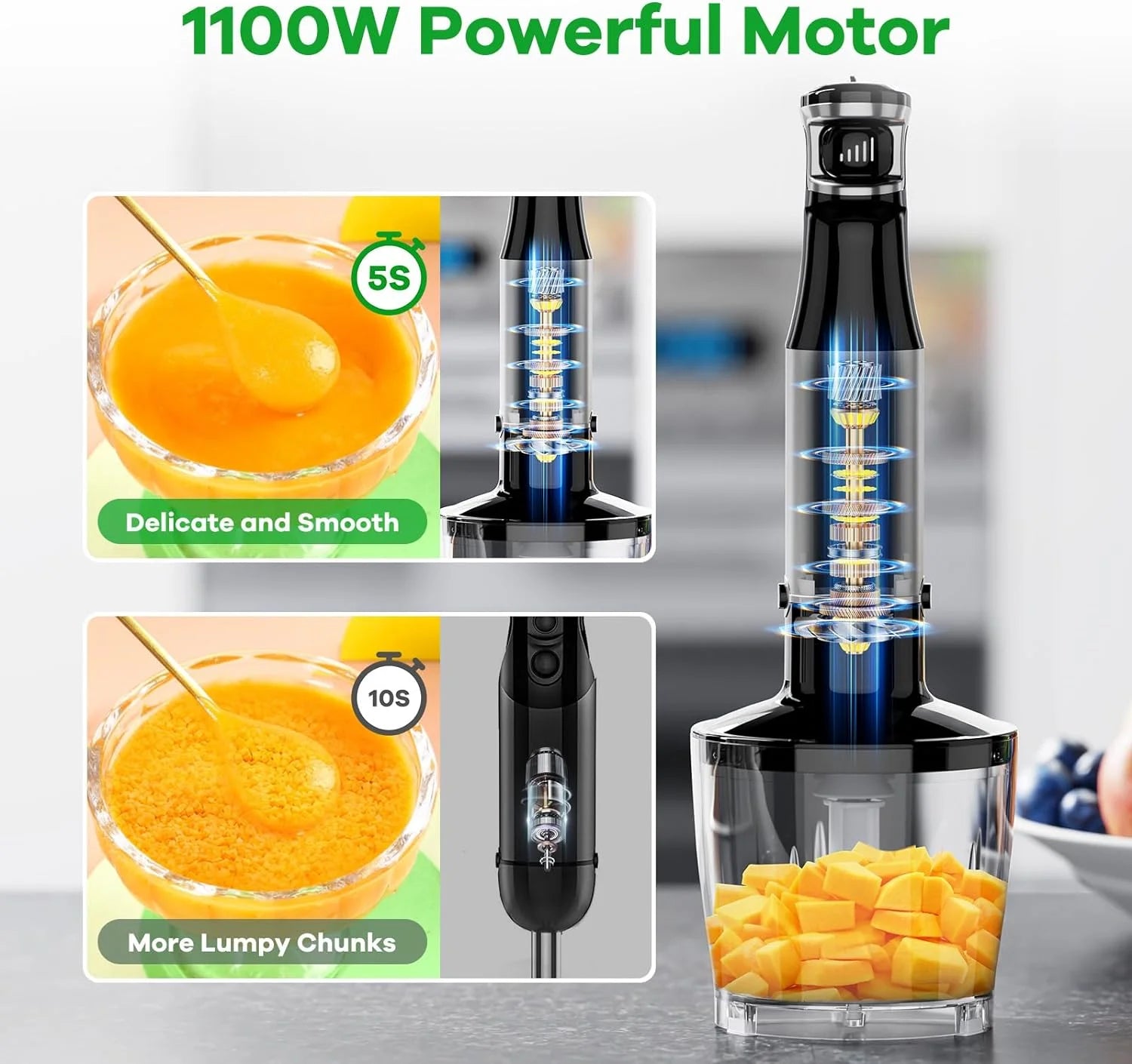 Powerful 1100W Immersion Blender - 5-in-1 Handheld Stick Blender with Variable Speed, Chopper, Whisk, and Frother for Smoothies, Soups, and Baby Food