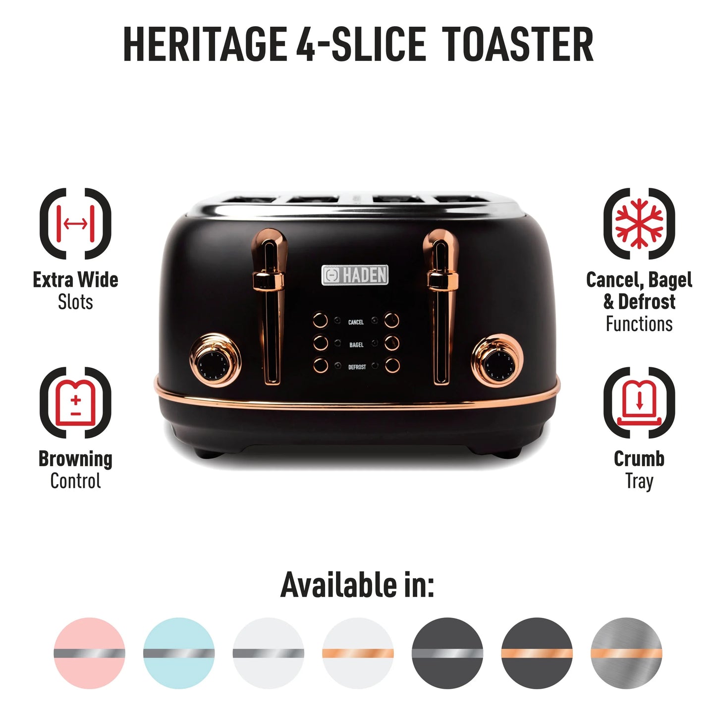 Heritage 4-Slice Wide Slot Toaster in Stylish Black and Copper Finish - Model 75042