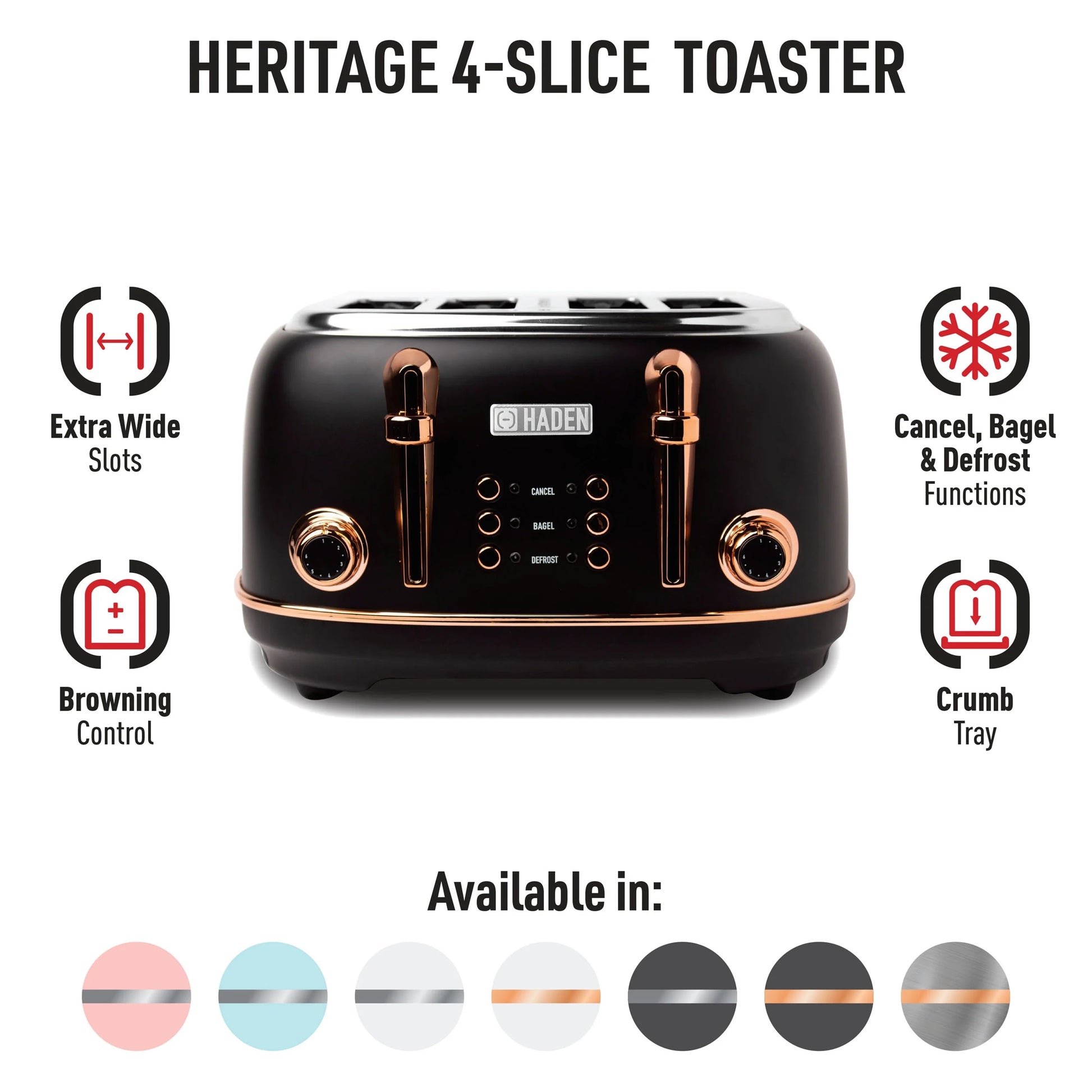 Heritage 4-Slice Wide Slot Toaster in Stylish Black and Copper Finish - Model 75042