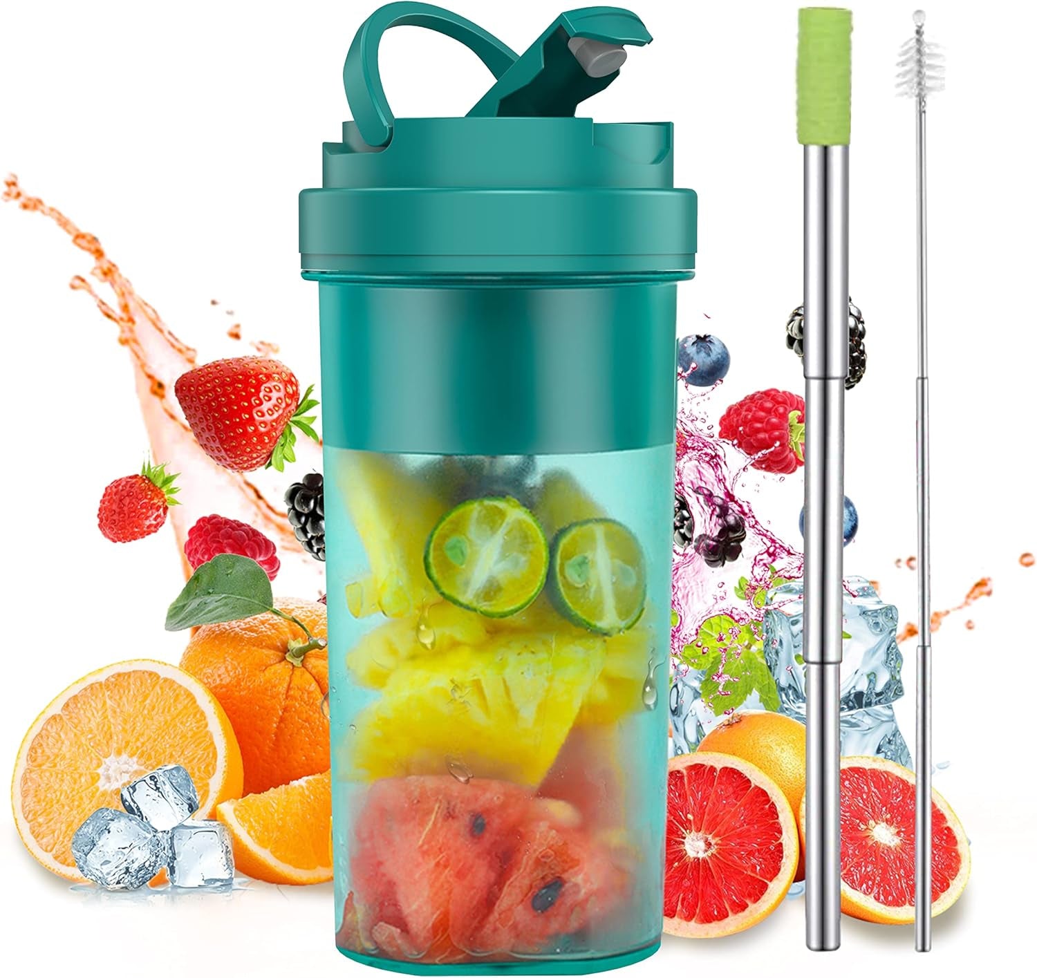 Portable USB Rechargeable Mini Blender - 19Oz Fruit & Smoothie Maker with Six Blades for Travel & Gym (Green)