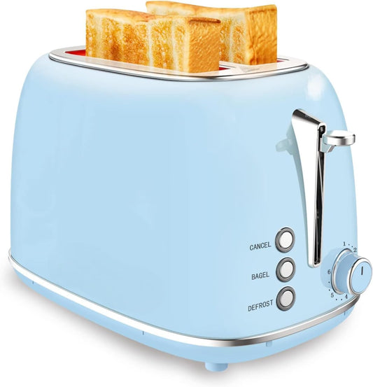 Compact 2-Slice Toaster with 6 Browning Settings, Stainless Steel Housing, Bagel & Defrost Functions, Removable Crumb Tray - Stylish Blue Design