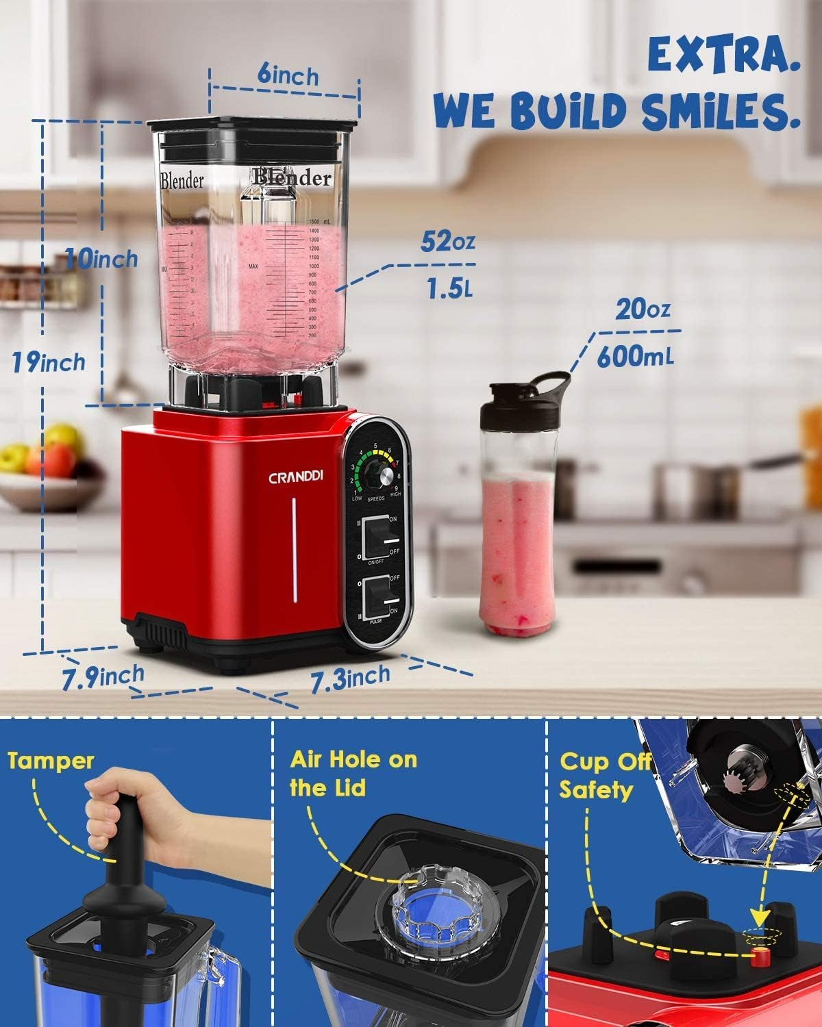 1800W Commercial Smoothie Blender - 52Oz Capacity, Stainless Steel Blade, 9 Speed Settings, Self-Cleaning & Built-In Pulse - K98C Red