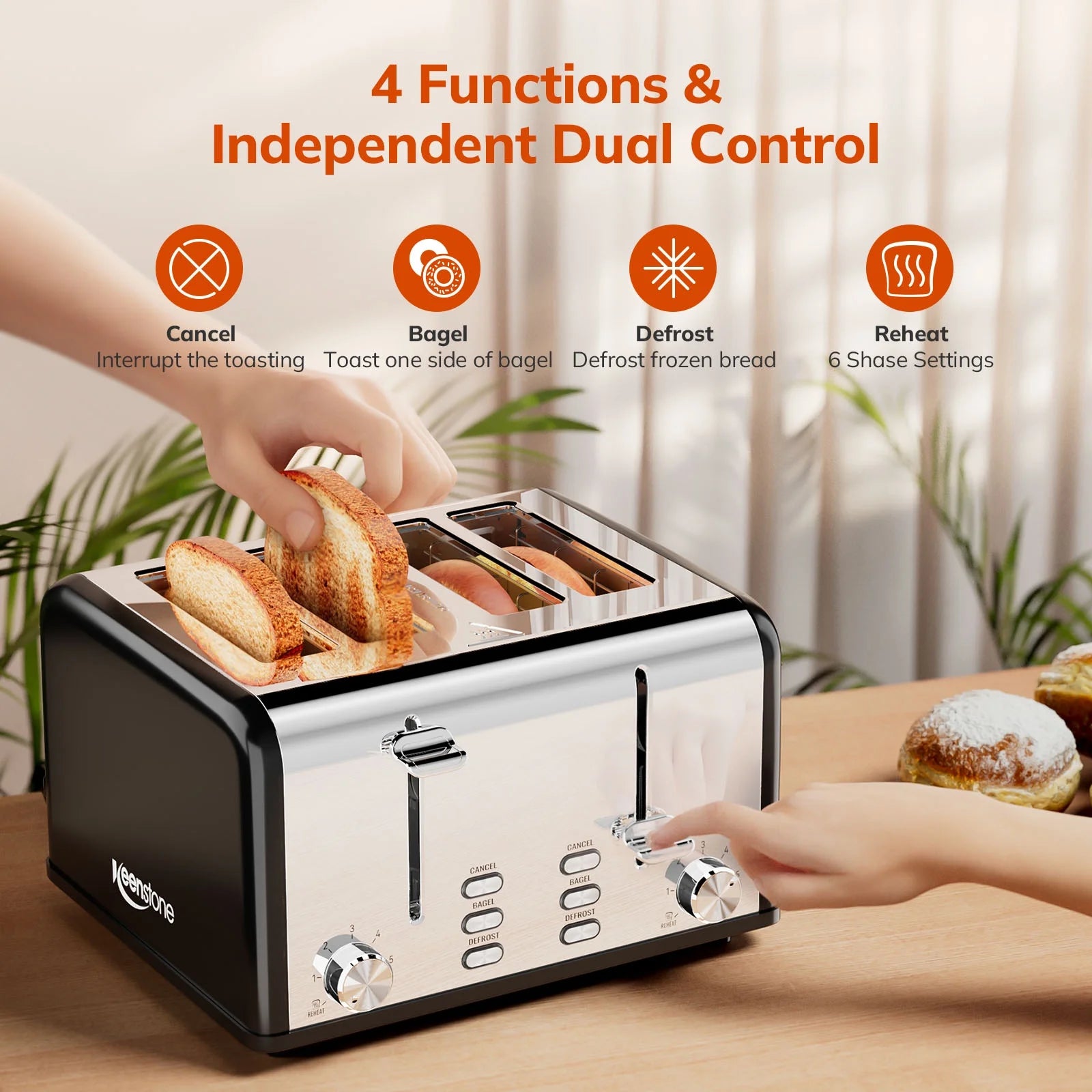 Retro 4-Slice Stainless Steel Toaster with Bagel, Defrost, Reheat, and 6 Shade Settings - Perfect Kitchen Essential!