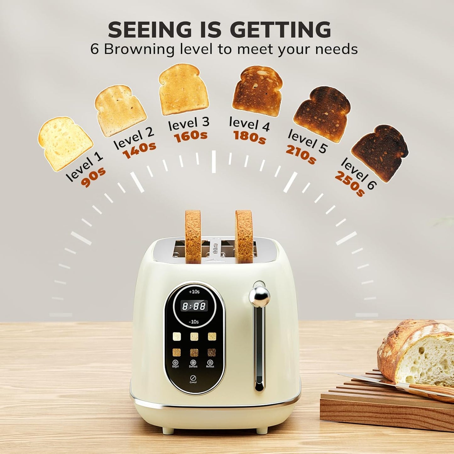 Retro Smart Touch Screen Toaster - 2 Slice Stainless Steel with 6 Browning Levels, Reheat & Defrost, Perfect for Bagels and Bread, Easy Clean Removable Crumb Tray - Beige