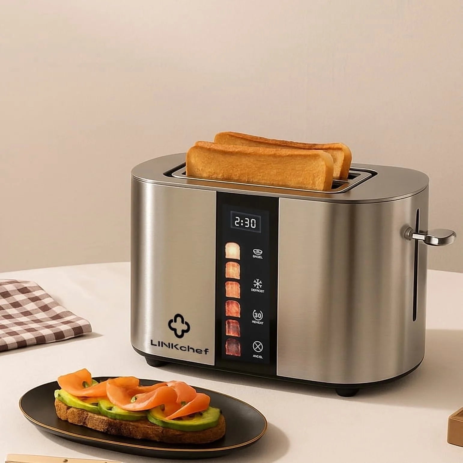 2-Slice Stainless Steel Toaster with Extra-Wide 1.5" Slots and Touch Screen Control – Perfect for Bagels, Defrosting, and Reheating!