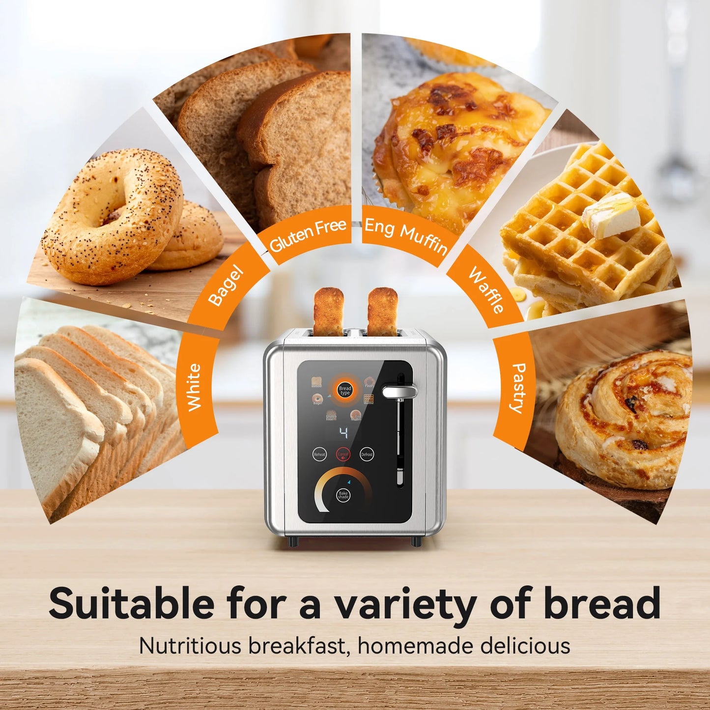 Touchscreen 2-Slice Stainless Steel Toaster with Wide Slots - Perfect for Bagels & Defrosting, 850W Power