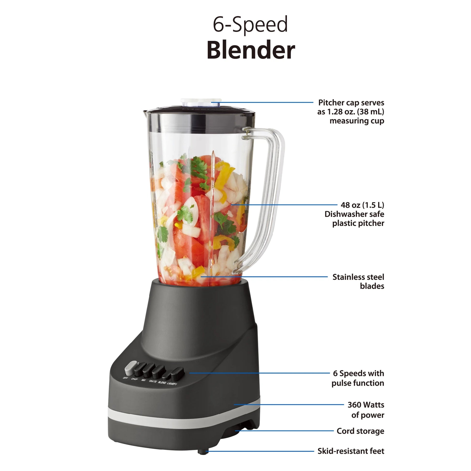 6-Speed Blender with 48 oz Jar - Powerful 360 Watt Performance in Sleek Black Finish