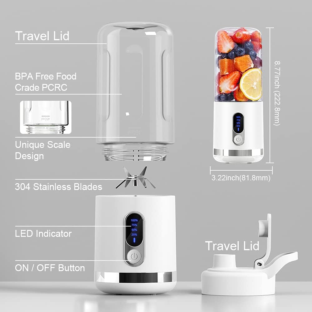 Smart Portable Blender with LCD Display - USB Rechargeable Mini Blender for Shakes & Smoothies, 15.2Oz Juice Mixer with Six Blades - Perfect for Travel, Office, Gym & Sports