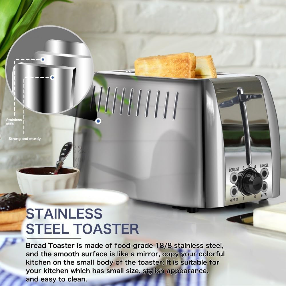 Stainless Steel 2-Slice Toaster with Extra Wide Slots - 6 Browning Settings & Multi-Function for Perfect Toasting of Bread, Bagels, and Waffles - 750W, Silver