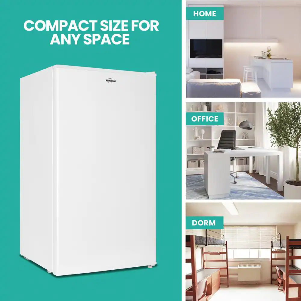 Compact Fridge with Freezer, 3.2 Cu. Ft.. (91L), White, Space-Saving Flat Back, Reversible Door