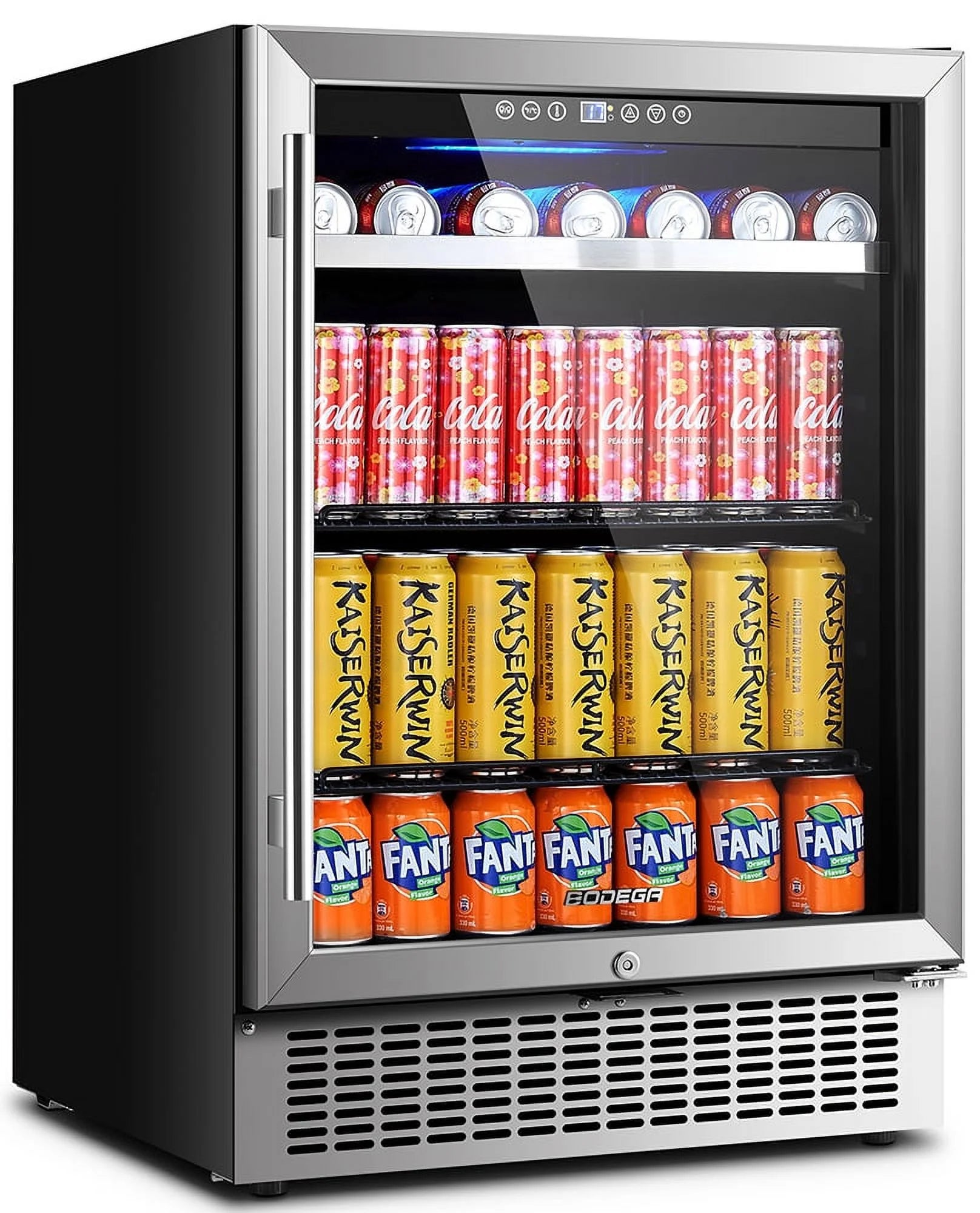 24" Beverage Refrigerator - 180 Can Capacity, Built-In & Freestanding, Touch Screen Control, Dual Layer Glass Door, Removable Shelves & Safety Lock for Beer, Soda & Water