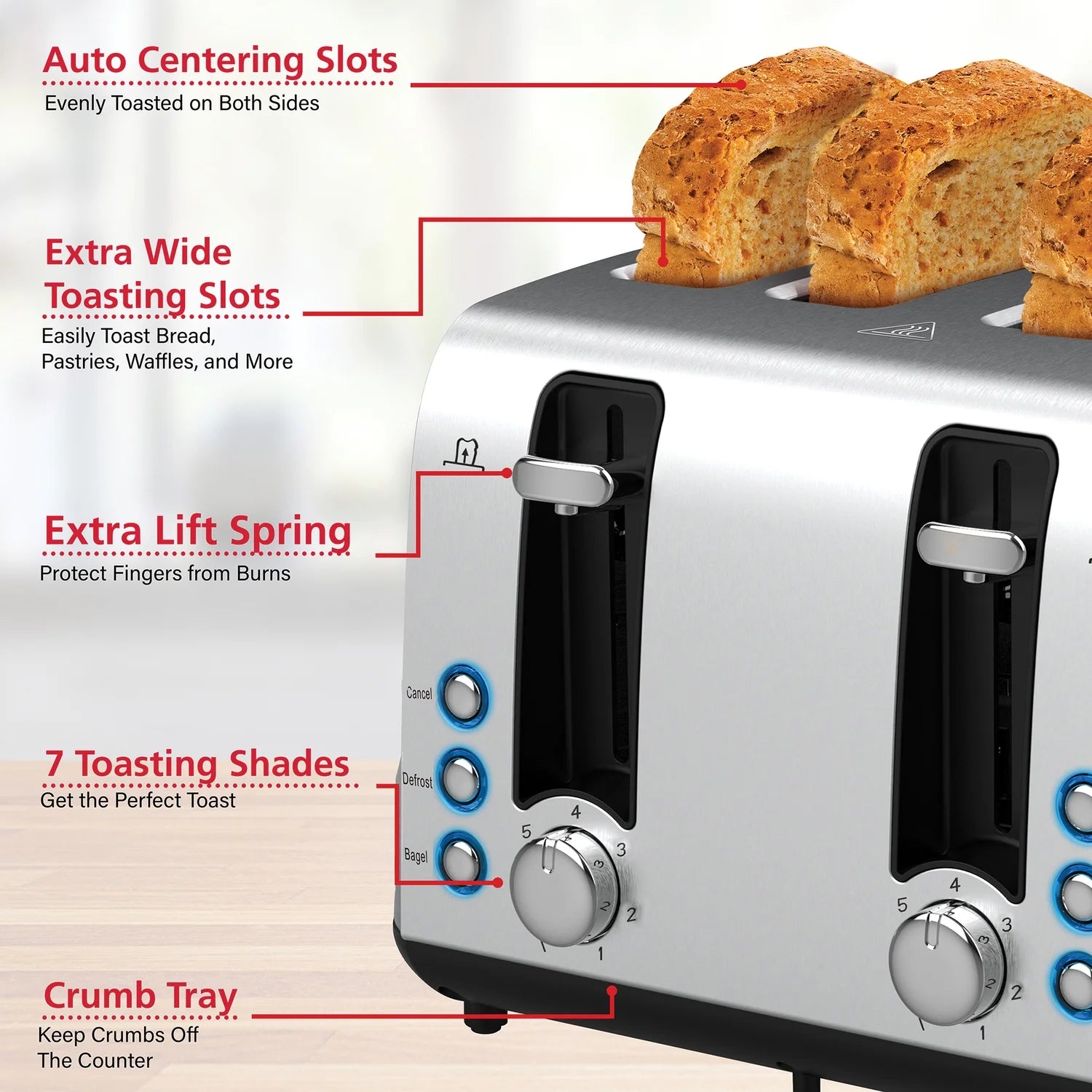 Extra-Wide Stainless Steel 4-Slice Toaster - 1,500 Watts of Power!