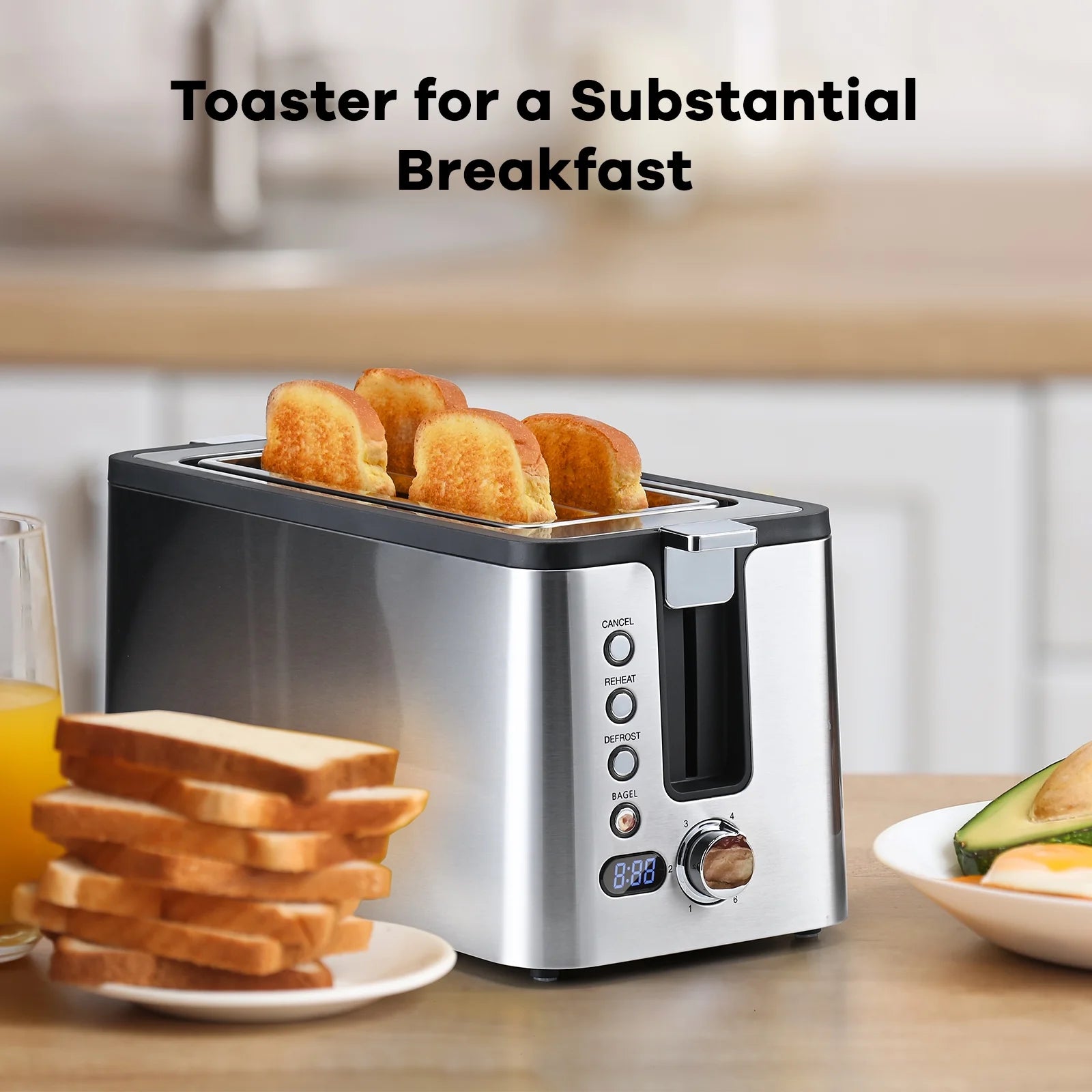 Stainless Steel 4-Slice Toaster with Countdown Timer and Crumb Tray - 1300 Watts, Sleek Silver Design
