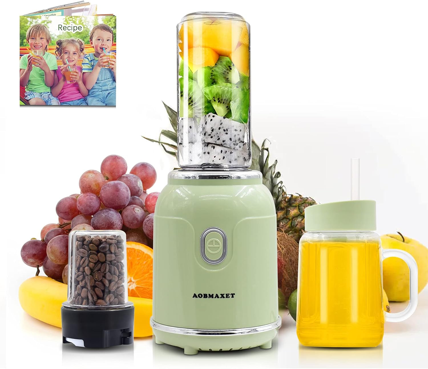 Versatile 300W Smoothie Blender & Coffee Grinder with Recipe Book - Portable 18/20 Oz Cups & Dual Stainless Steel Blades for Shakes, Spices, Fruits & Beans - Green