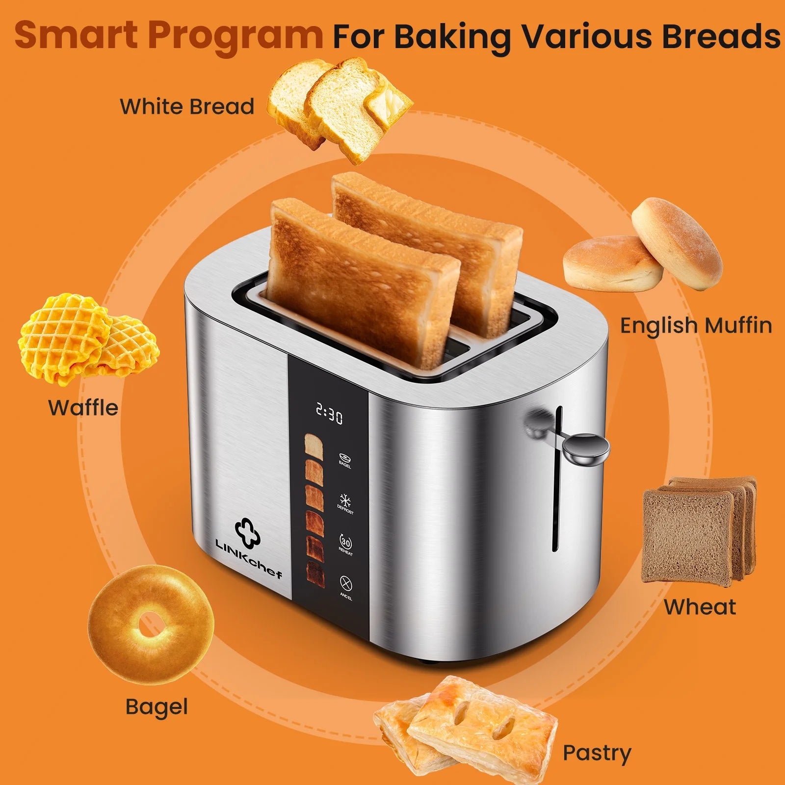 2-Slice Stainless Steel Toaster with Extra-Wide 1.5" Slots and Touch Screen Control – Perfect for Bagels, Defrosting, and Reheating!