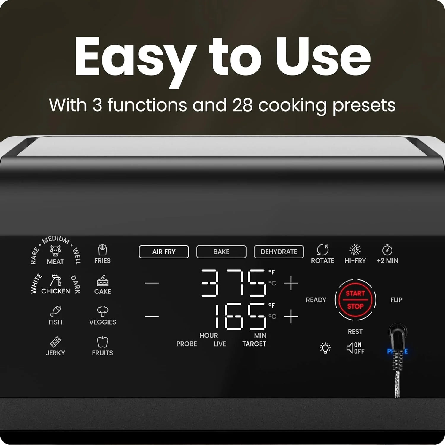 Exactemp 12 Quart 5-In-1 Air Fryer with Integrated Smart Thermometer, 28 Presets - Black