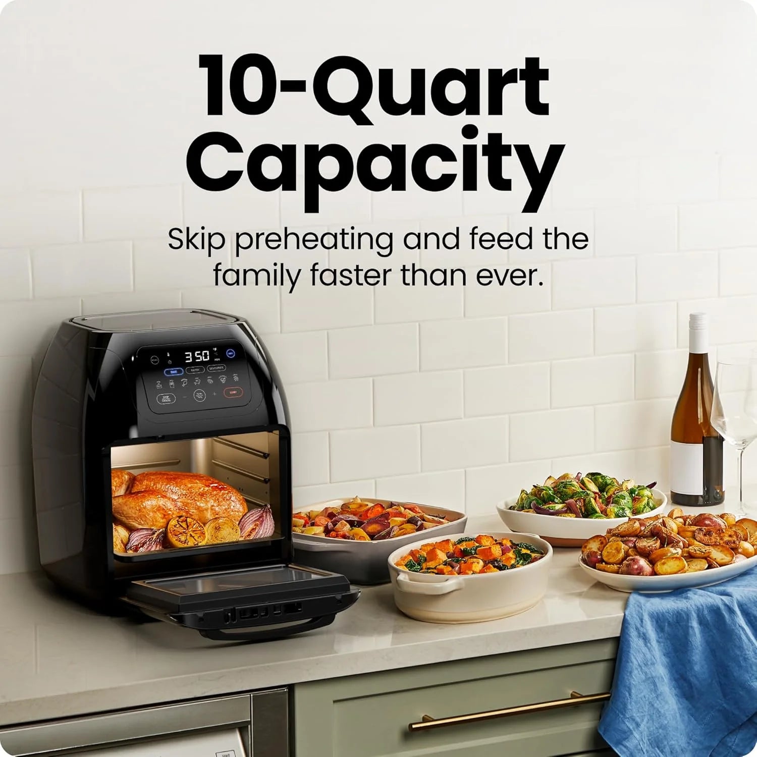Multifunctional Digital 10 Qt. Air Fryer+ Rotisserie, Fry, Roast & Bake, 17 Presets - Black