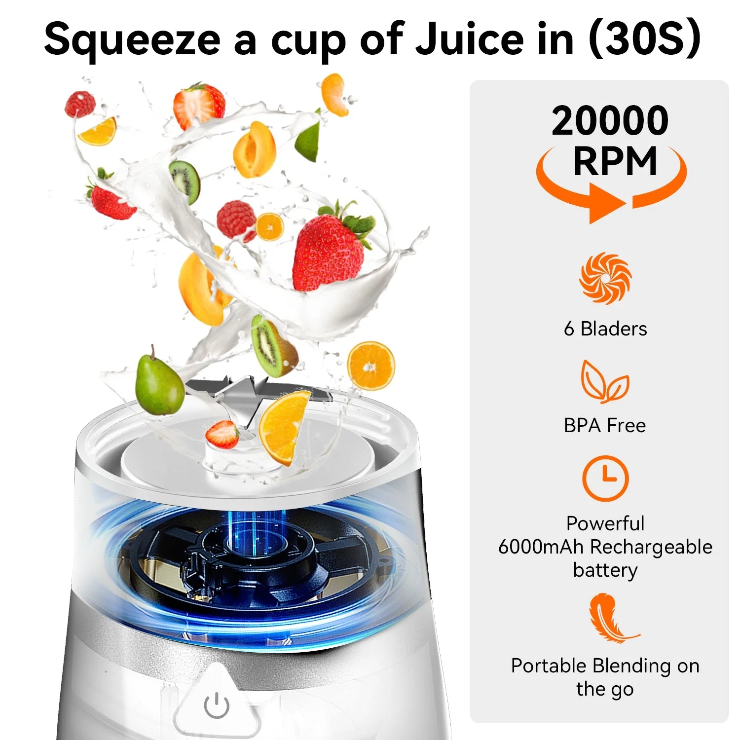 Powerful Portable Blender - 6000mAh USB Rechargeable Juicer for Smoothies & Shakes, BPA Free 24oz Cup with 6 Blades, Self-Cleaning 360W Ideal for Home, Office & Travel