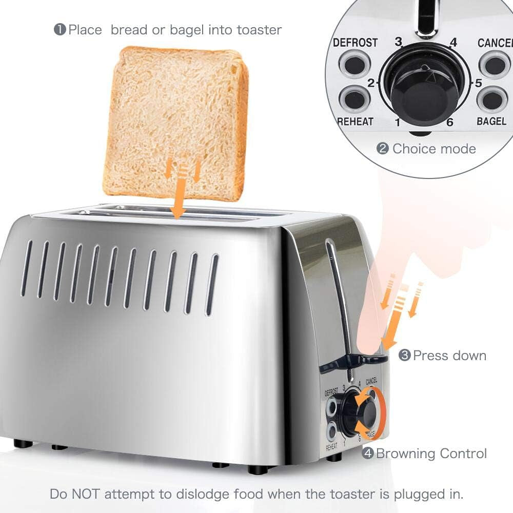 Stainless Steel 2-Slice Toaster with Extra Wide Slots - 6 Browning Settings & Multi-Function for Perfect Toasting of Bread, Bagels, and Waffles - 750W, Silver