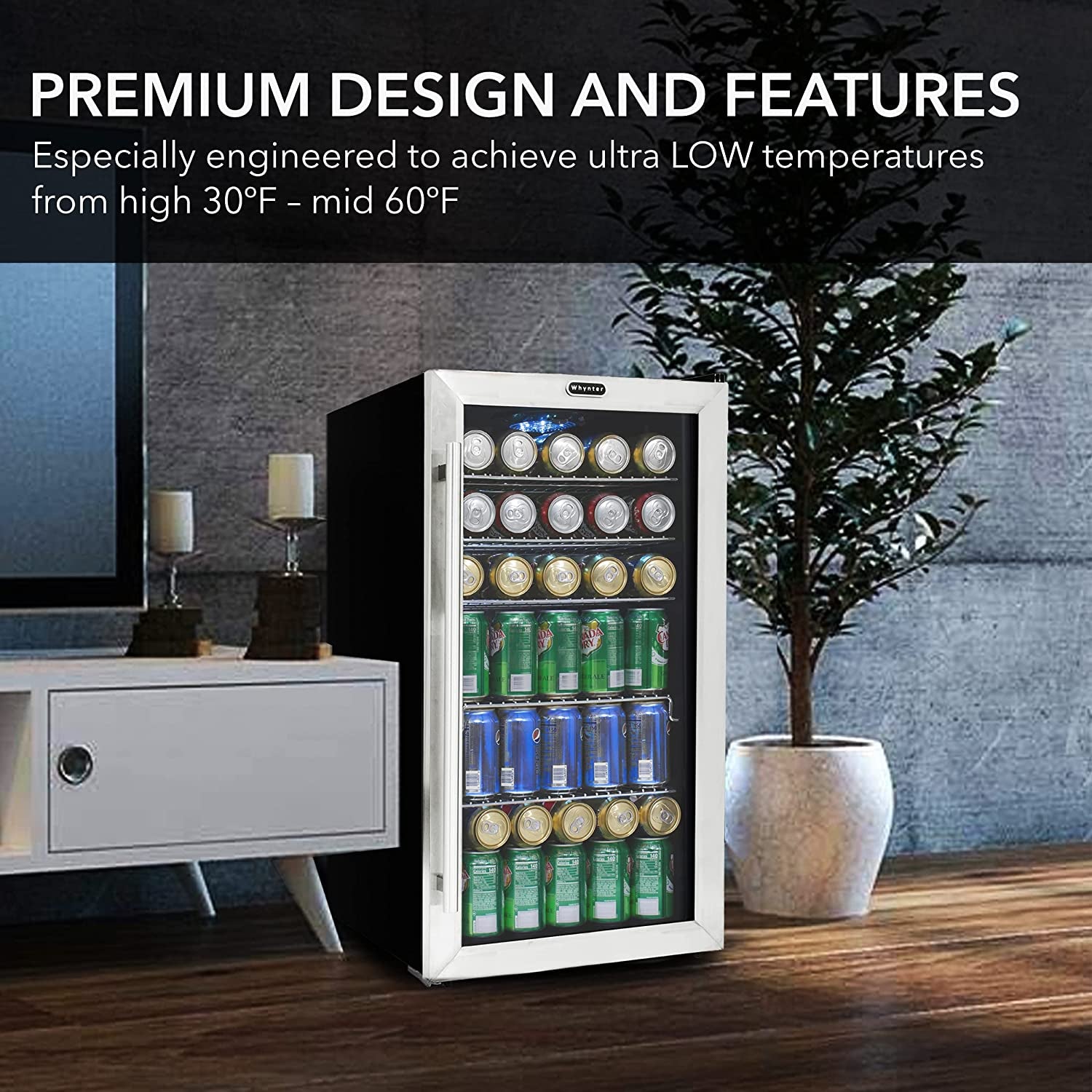 127-Can Stainless Steel Beverage Refrigerator with Double-Layer Glass Door - 3.1 Cu Ft Freestanding Mini Fridge
