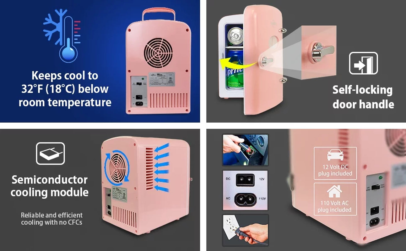4L Retro Mini Fridge - Stylish Pink 12V DC & 110V Cooler for 6 Cans