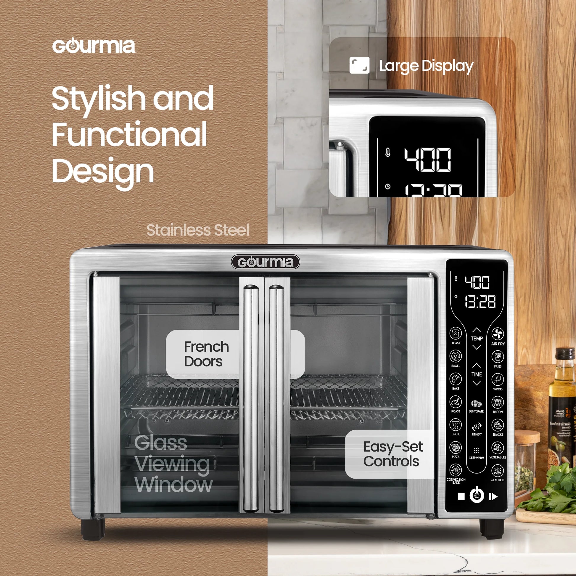 Digital Air Fryer Toaster Oven Combo | 17 One Touch Cooking Functions | Fits 12" Pizza | Cooks Food Quickly with Little to No Oil | Stainless Steel Air Fryer | Toaster Ovens Countertop |