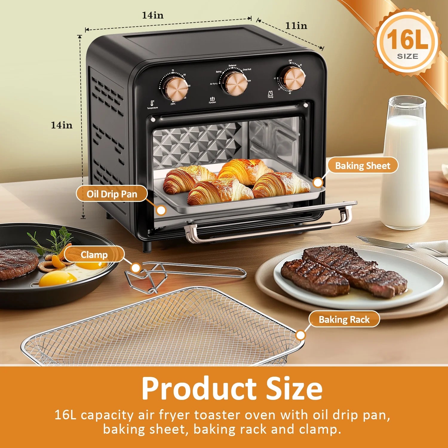 5-In-1 Air Fryer Toaster Oven Countertop, 1300W 17 Quart, 4-Slice Convection Ovens Combo, Oil-Less Air Fry, Roast, Bake Broil Toast, Dried Fruit, Timer, Stainless Steel, PFA and Bpa-Free