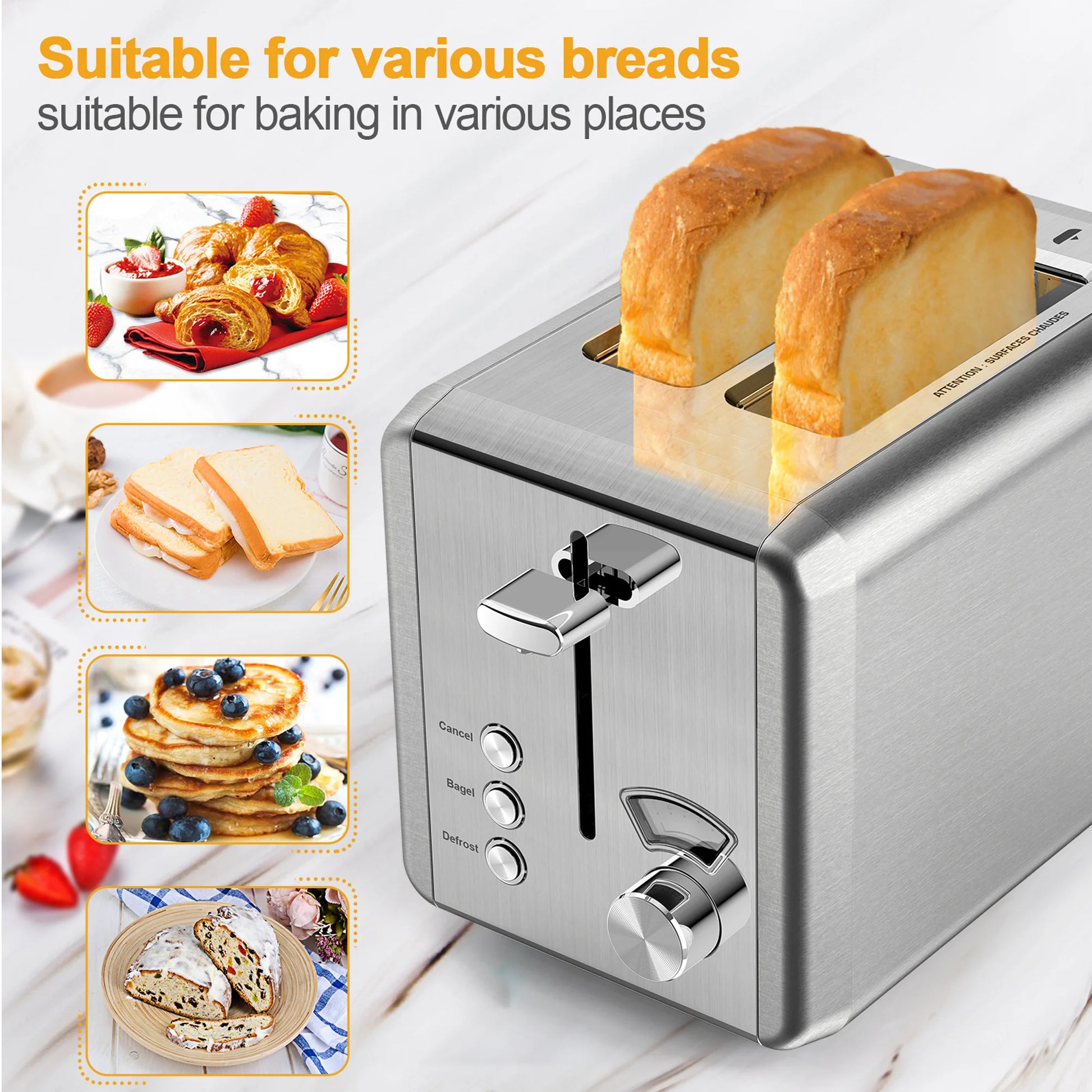 Stainless Steel Touchscreen Toaster - 2 Slice with Wide Slot, 6 Shade Settings & Bagel Function, Easy Clean Removable Crumb Tray