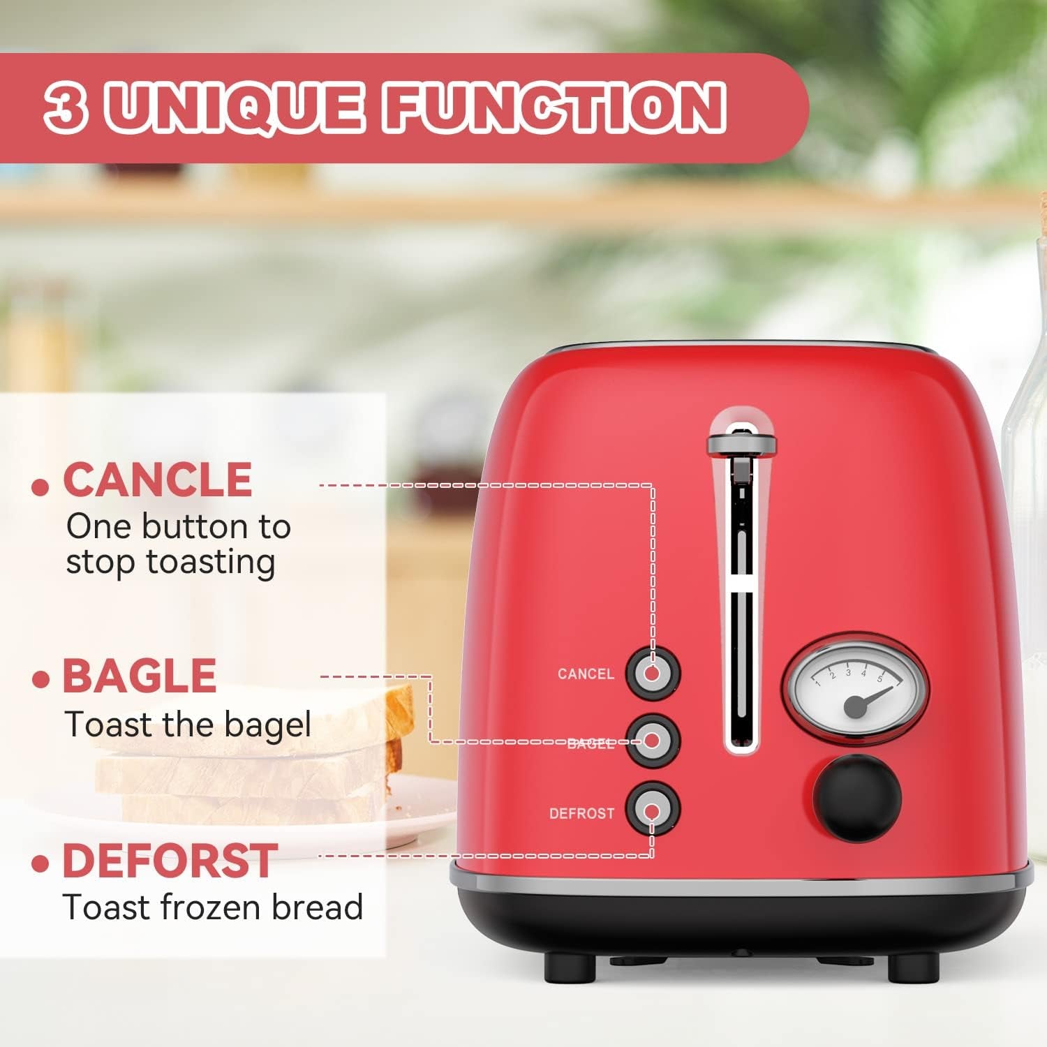 Retro Red 2-Slice Stainless Steel Toaster with 6 Settings, Extra Wide Slots, and Removable Crumb Tray