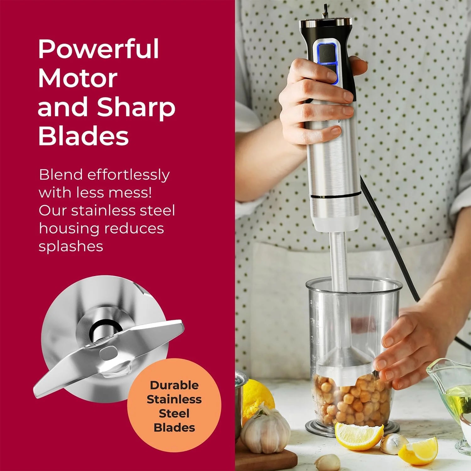 living 8-Speed Immersion Hand Blender - Powerful Stainless Steel Handheld Mixer with Turbo Mode