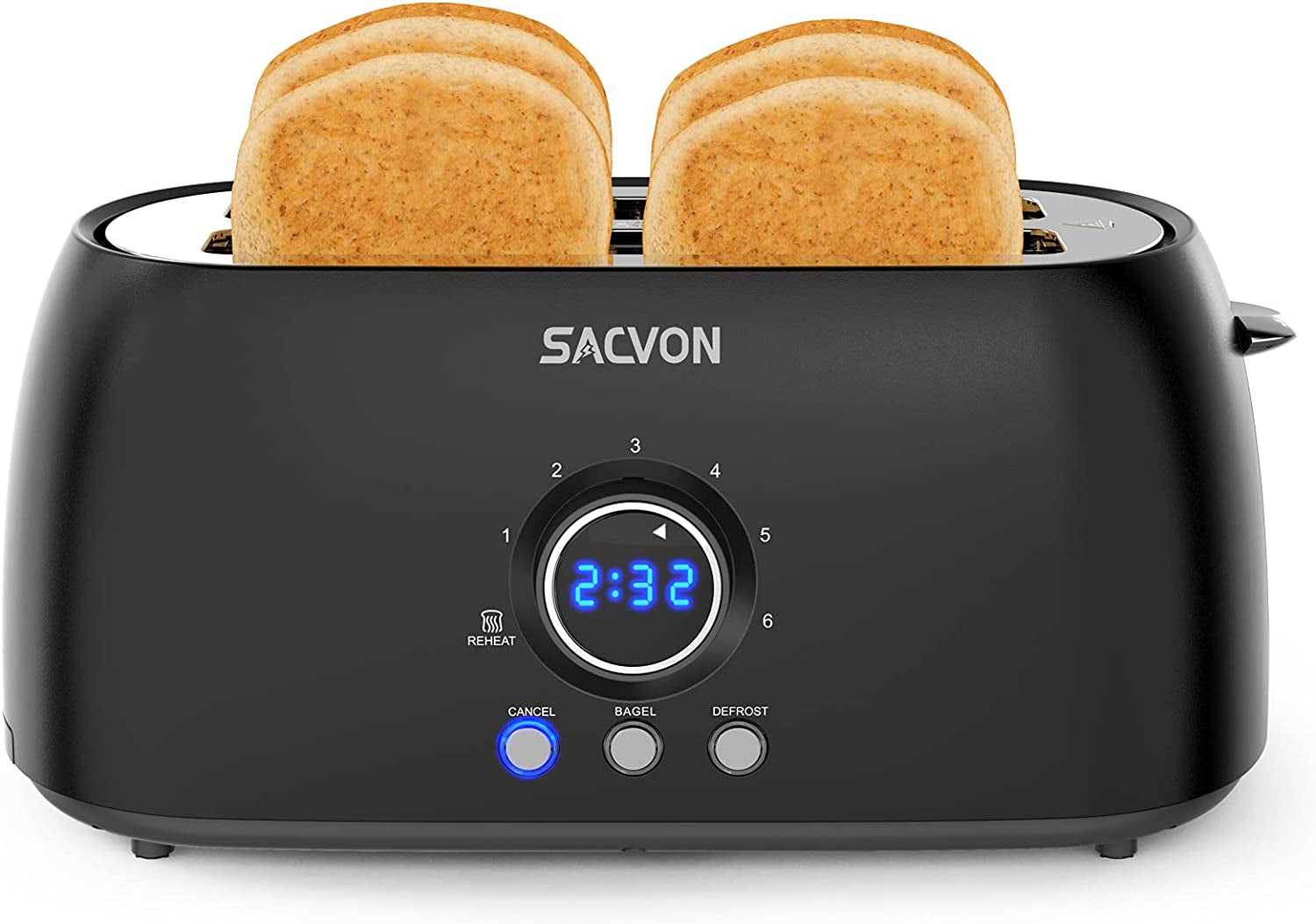 Toaster 4 Slice, Toaster 2 Long Slot,  Retro Black Toasters,Stainless Steel Toaster, Digital Timer,Bagel,Defrost,Reheat,Cancel Function,Removable Crumbs Tray, 6 Shade Settings, 1300W