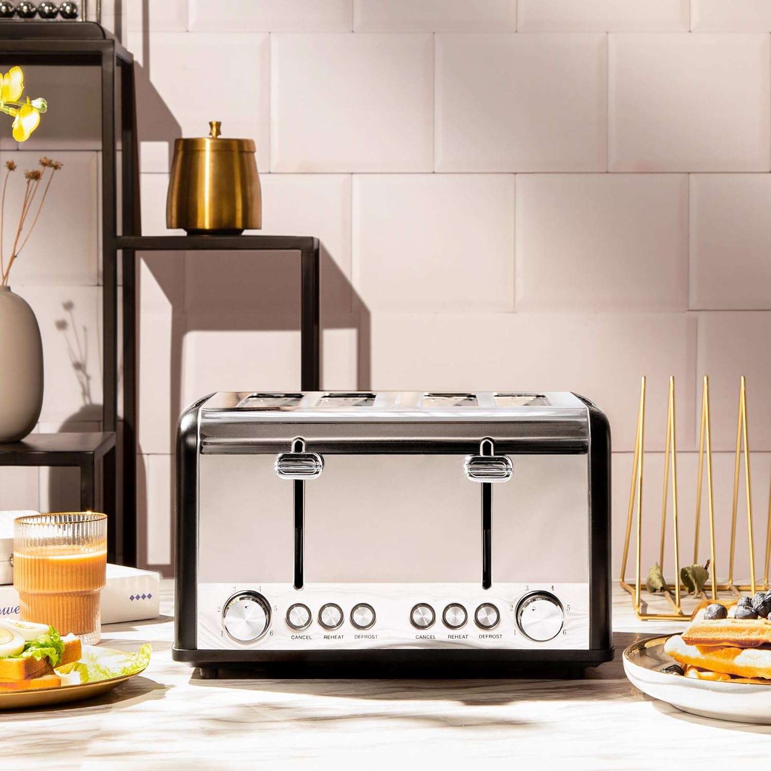 4-Slice Stainless Steel Toaster - Extra Wide Slots, 6 Shade Settings, Bagel & Defrost Functions, 1650W, Sleek Black Design