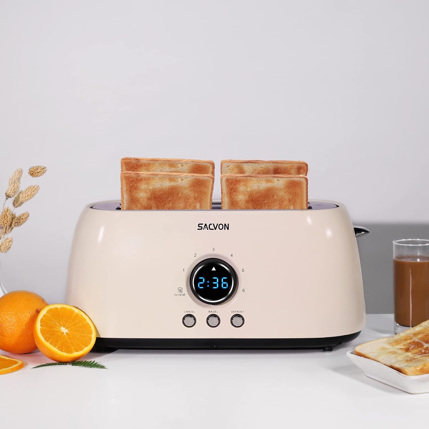 Toaster 4 Slice, Toaster 2 Long Slot,  Stainless Steel Toaster, Bagel, Defrost, Cancel, Reheat Function, Digital Timer, Removable Tray, 6 Shade Setting, Beige